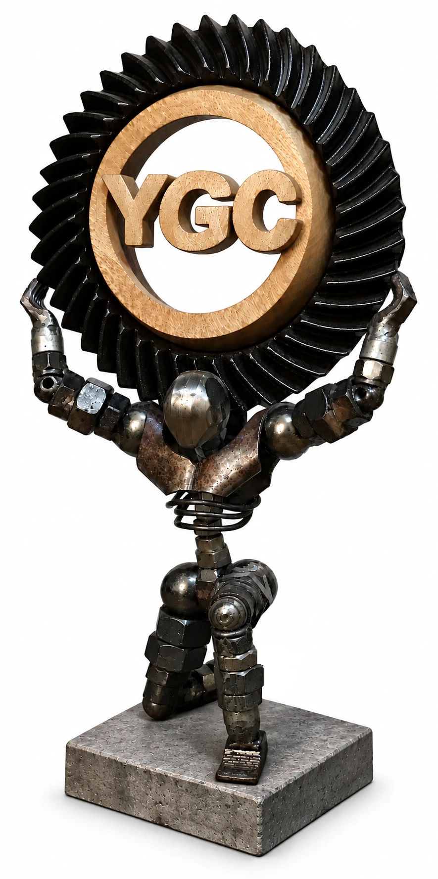 YGC sculpture: a figure of steel nuts and bolts carrying a bevel gear with a wooden YGC ring